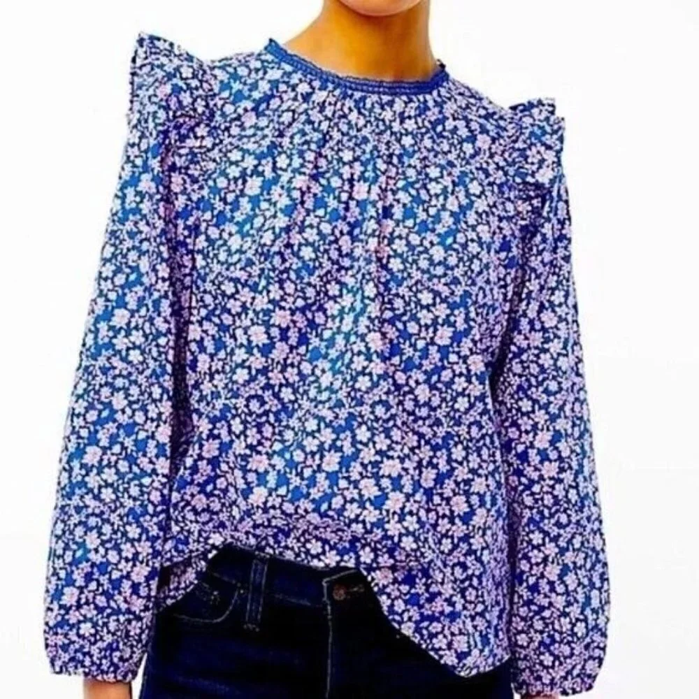 J Crew Womens Ruffle Shoulder Top S Blue Pink Floral Cotton Cottagecore Blouse